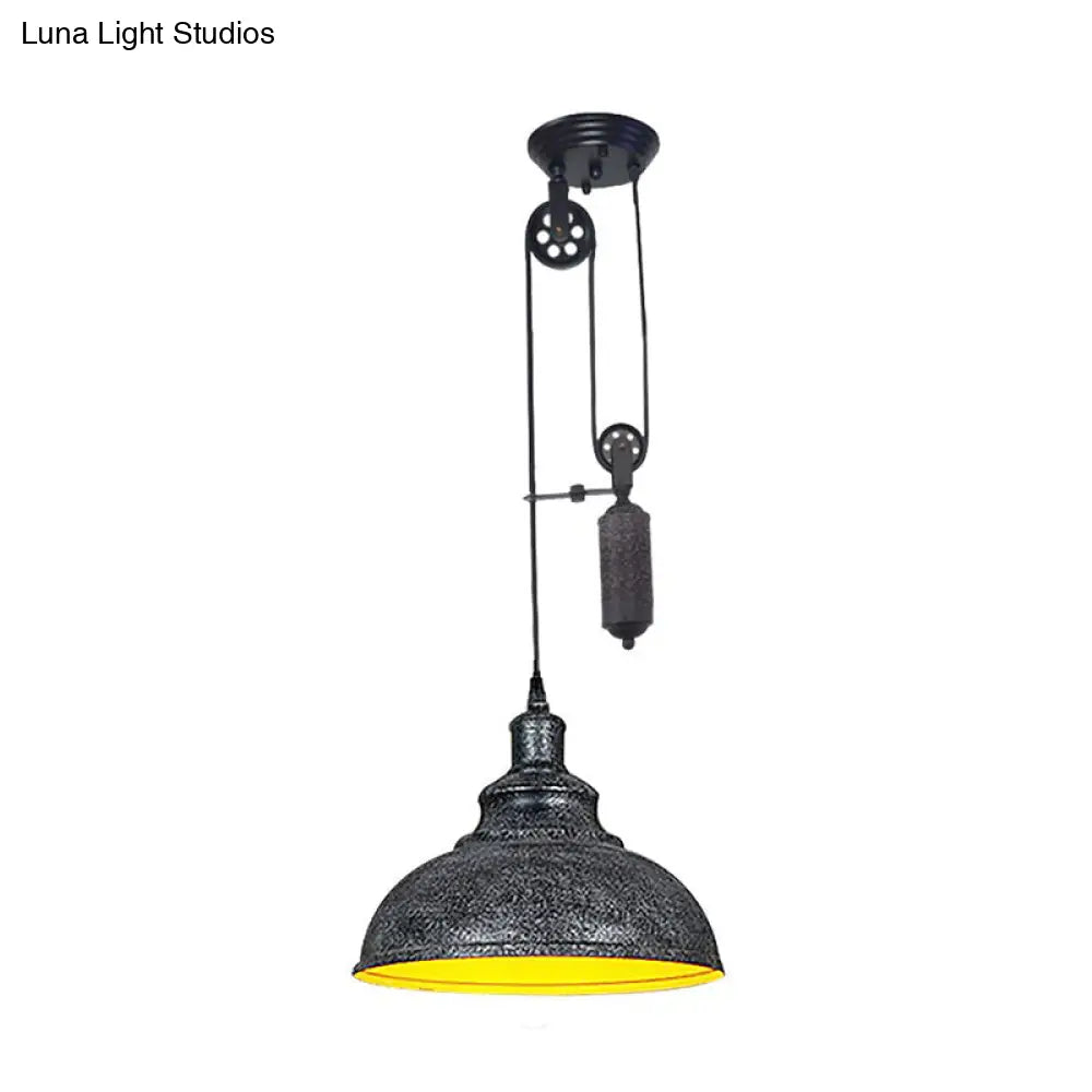 Rustic Industrial Dome Pendant Lamp With Pulley - 1 Light Metal Fixture In Brown/Grey For Living