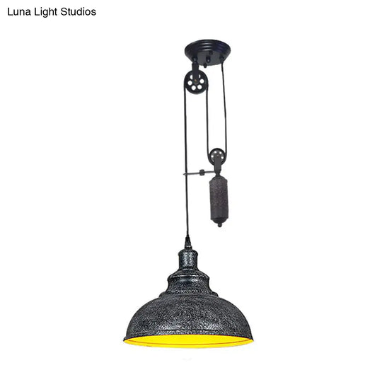 Rustic Industrial Dome Pendant Lamp With Pulley - 1 Light Metal Fixture In Brown/Grey For Living