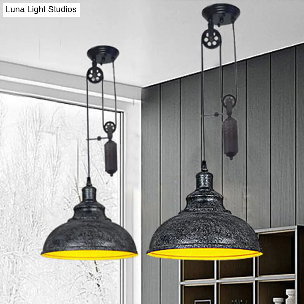 Rustic Industrial Dome Pendant Lamp With Pulley - 1 Light Brown/Grey Fixture For Living Room Grey
