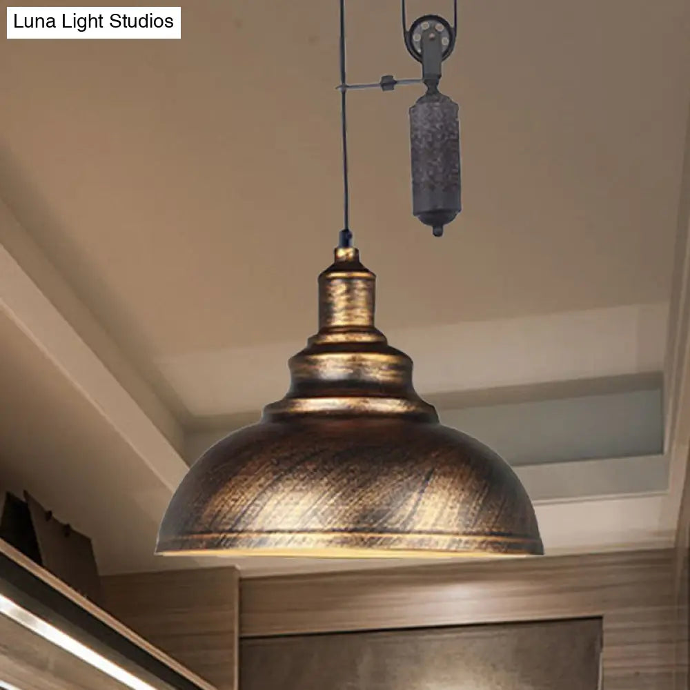 Rustic Industrial Dome Pendant Lamp With Pulley - 1 Light Brown/Grey Fixture For Living Room Bronze
