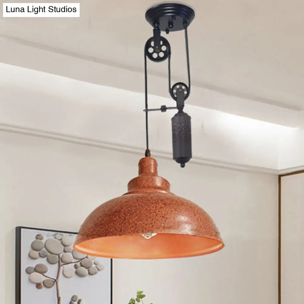 Rustic Industrial Dome Pendant Lamp With Pulley - 1 Light Brown/Grey Fixture For Living Room Rust