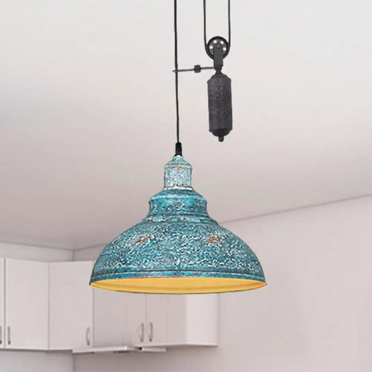 Rustic Industrial Dome Pendant Lamp With Pulley - 1 Light Metal Fixture In Brown/Grey For Living