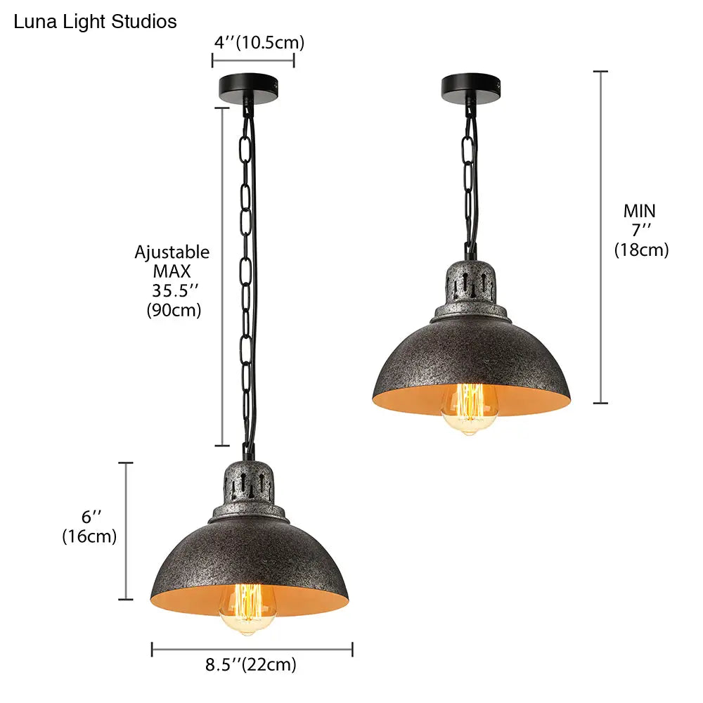 Rustic Industrial Domed Hanging Lamp - 1 Light Wrought Iron Ceiling Fixture Dark Grey/Light Grey