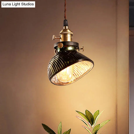 Rustic Industrial Green Ribbed Glass Pendant Light With Hanging Bowl Design