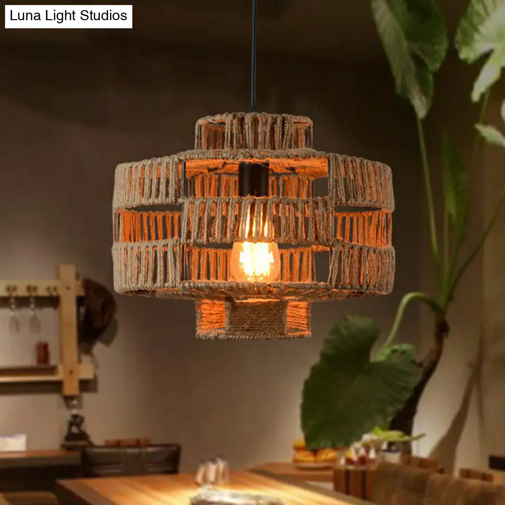 Brown Industrial Lantern Ceiling Light With Single Hemp Rope Pendant