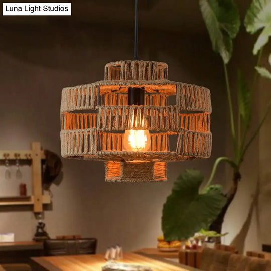 Brown Industrial Lantern Ceiling Light With Single Hemp Rope Pendant