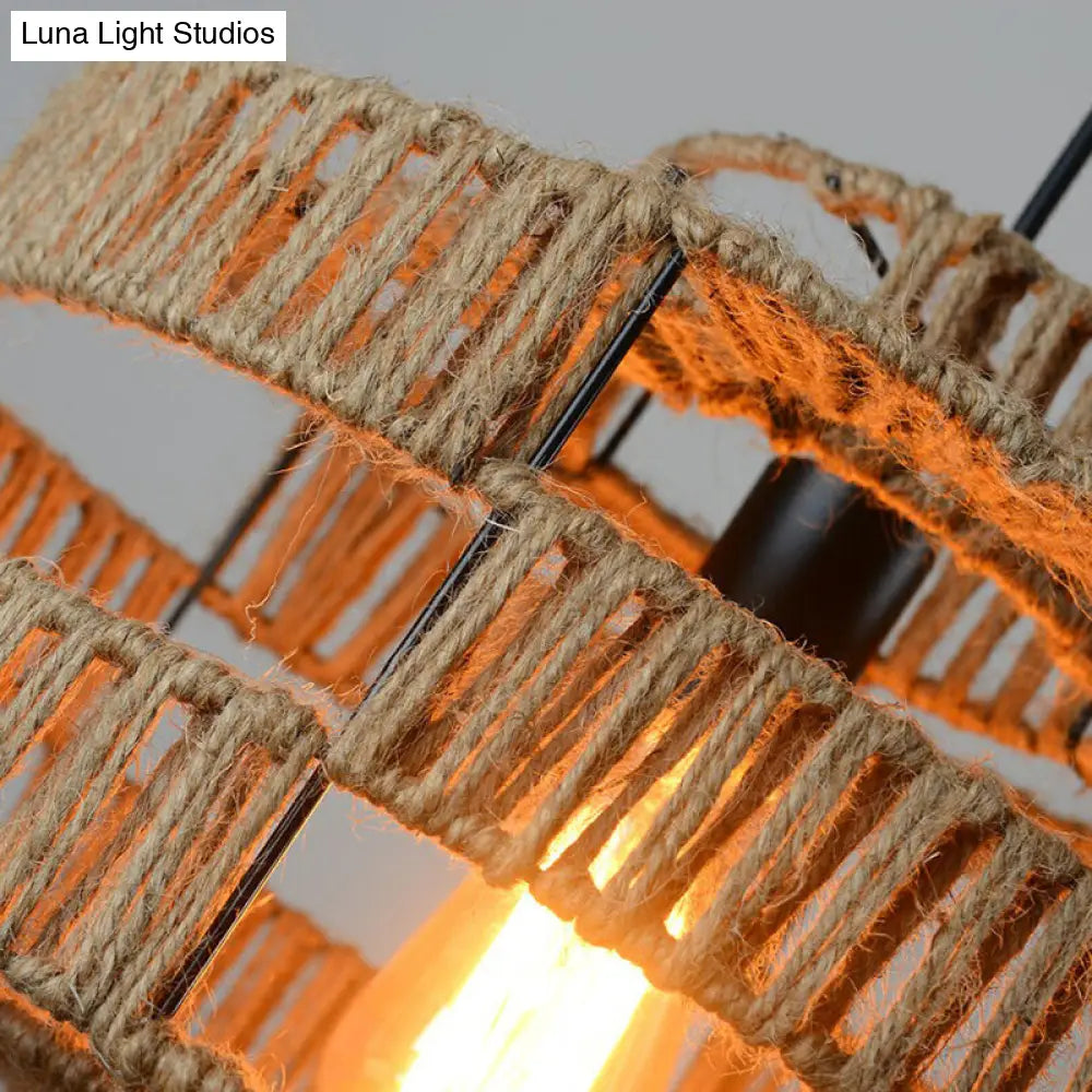 Brown Industrial Lantern Ceiling Light With Single Hemp Rope Pendant