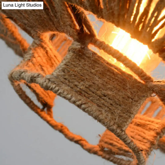 Brown Industrial Lantern Ceiling Light With Single Hemp Rope Pendant