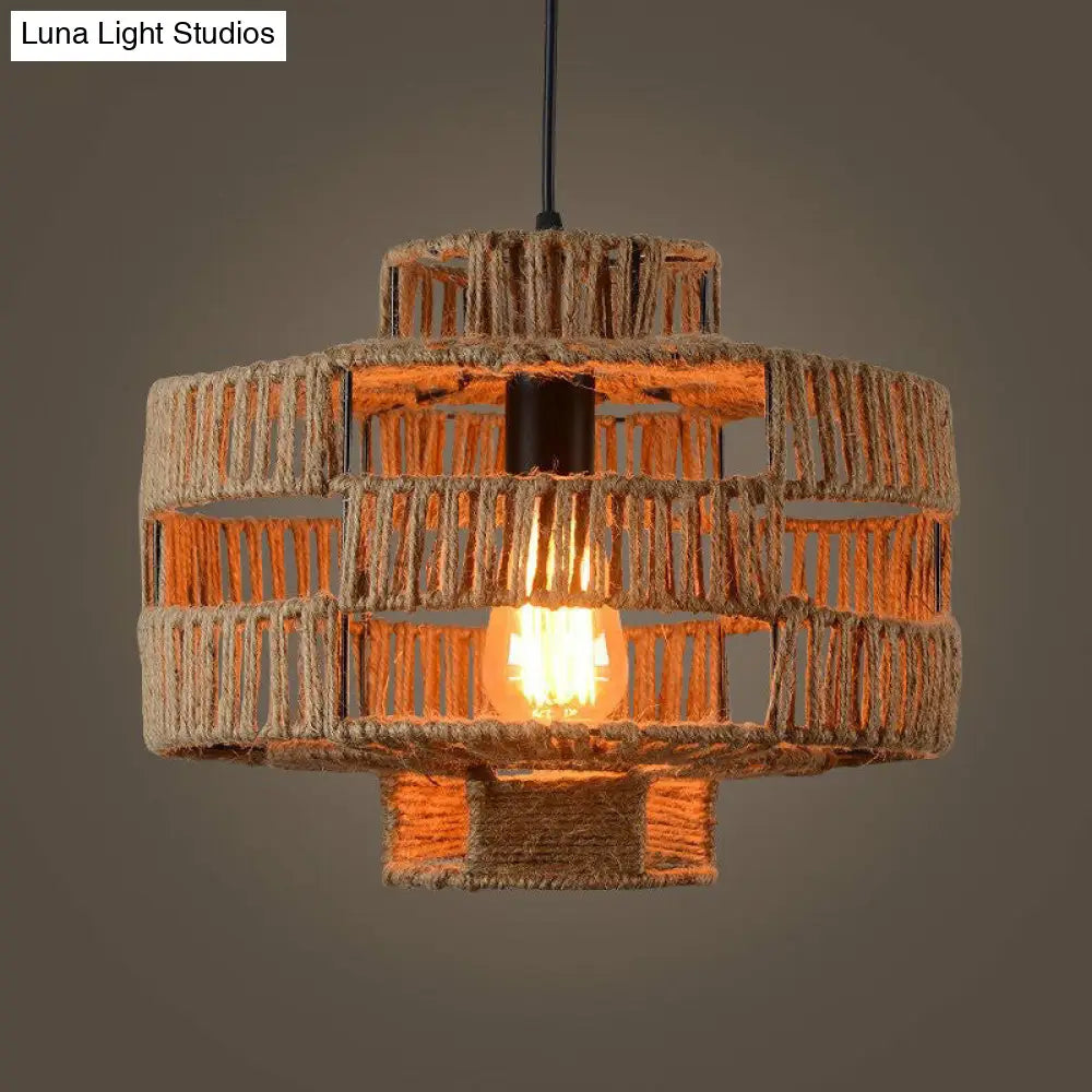 Brown Industrial Lantern Ceiling Light With Single Hemp Rope Pendant