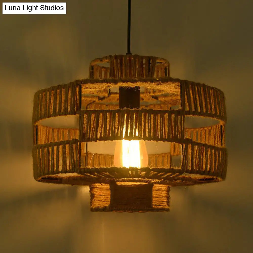 Brown Industrial Lantern Ceiling Light With Single Hemp Rope Pendant