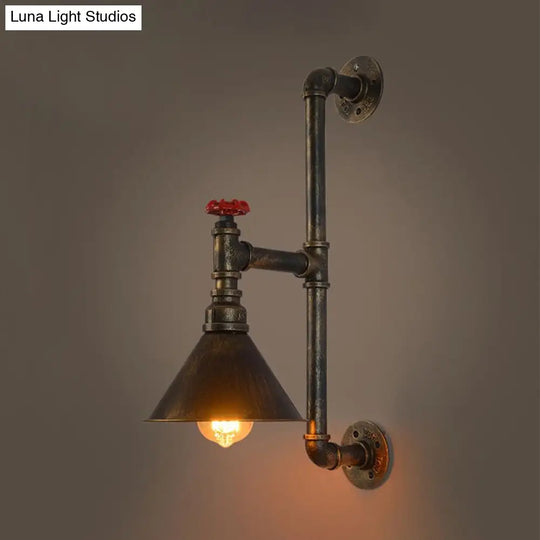 Rustic Industrial Plumbing Pipe Wall Lamp With Valve Decoration - 1 Light Metal Lighting In