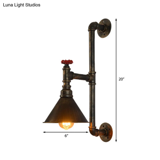 Rustic Industrial Plumbing Pipe Wall Lamp With Valve Decoration - 1 Light Metal Lighting In