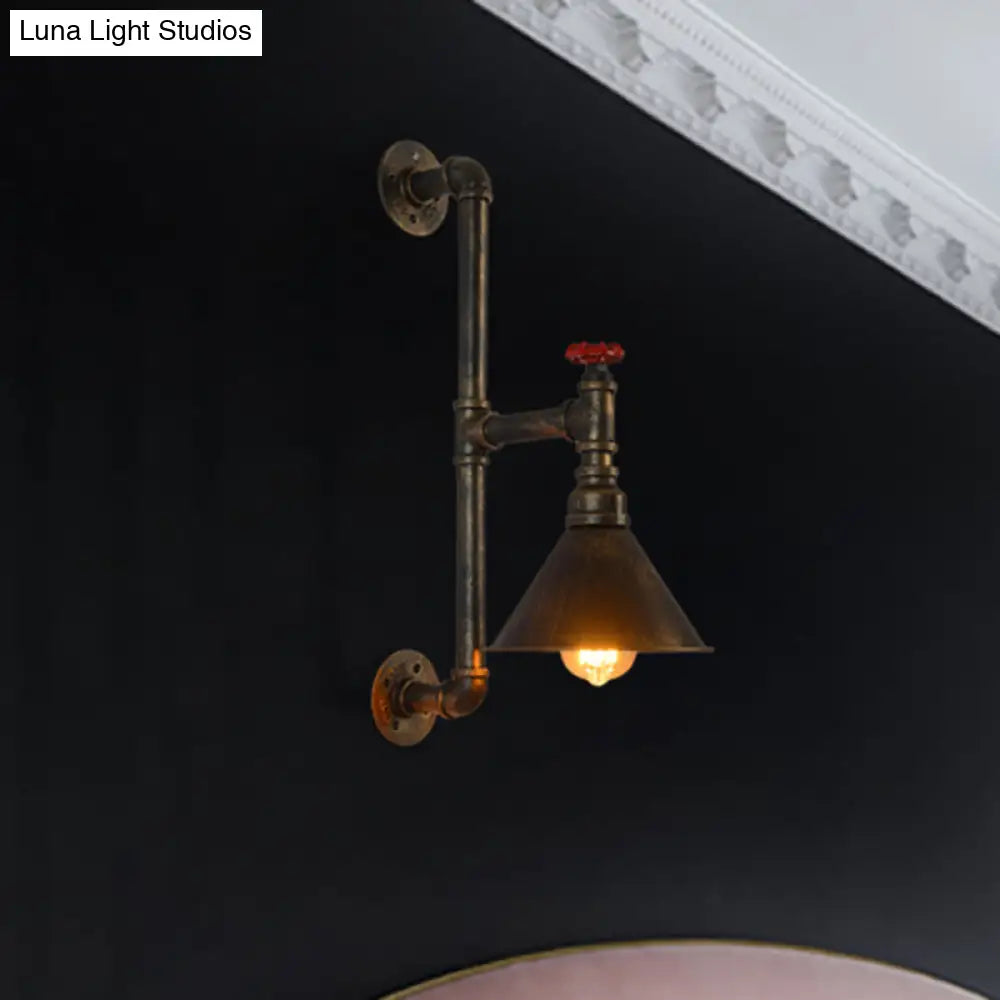 Rustic Industrial Plumbing Pipe Wall Lamp With Valve Decoration - 1 Light Metal Lighting In