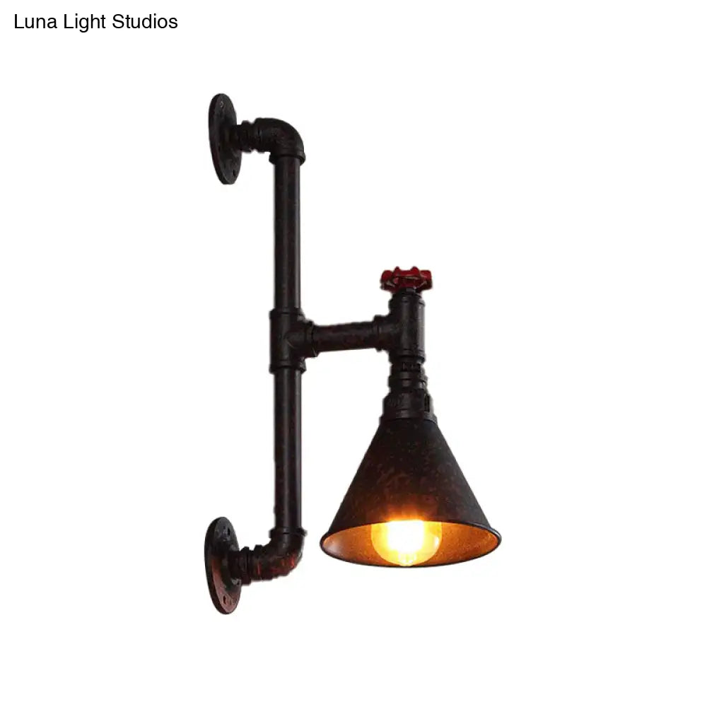 Rustic Industrial Plumbing Pipe Wall Lamp With Valve Decoration - 1 Light Metal Lighting In