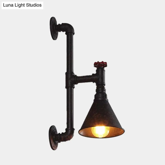 Rustic Industrial Plumbing Pipe Wall Lamp With Valve Decoration - 1 Light Metal Lighting In