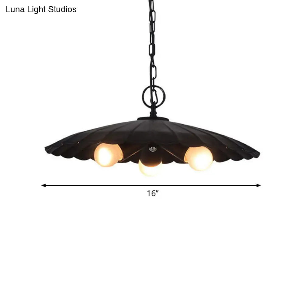 Rustic Industrial Scalloped Pendant Lighting - 3 Bulbs Black Iron Chandelier For Living Room