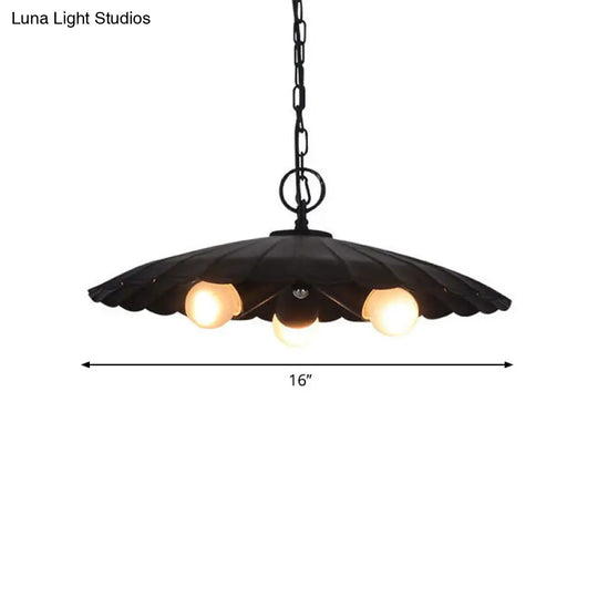 Rustic Industrial Scalloped Pendant Lighting - 3 Bulbs Black Iron Chandelier For Living Room