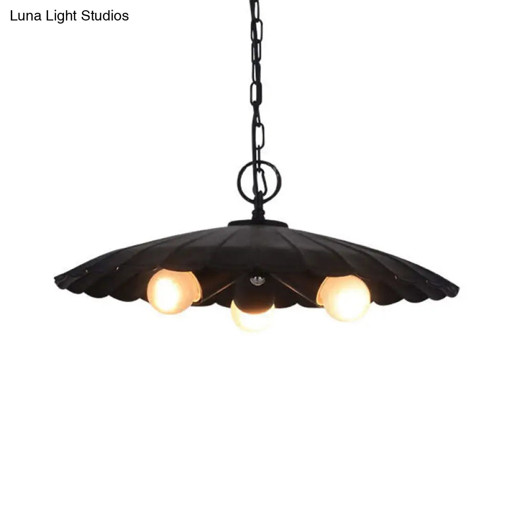 Rustic Industrial Scalloped Pendant Lighting - 3 Bulbs Black Iron Chandelier For Living Room