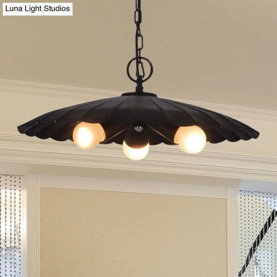 Scalloped Pendant Lighting: Rustic Industrial Black Iron Chandelier For Living Room (3 Bulbs)