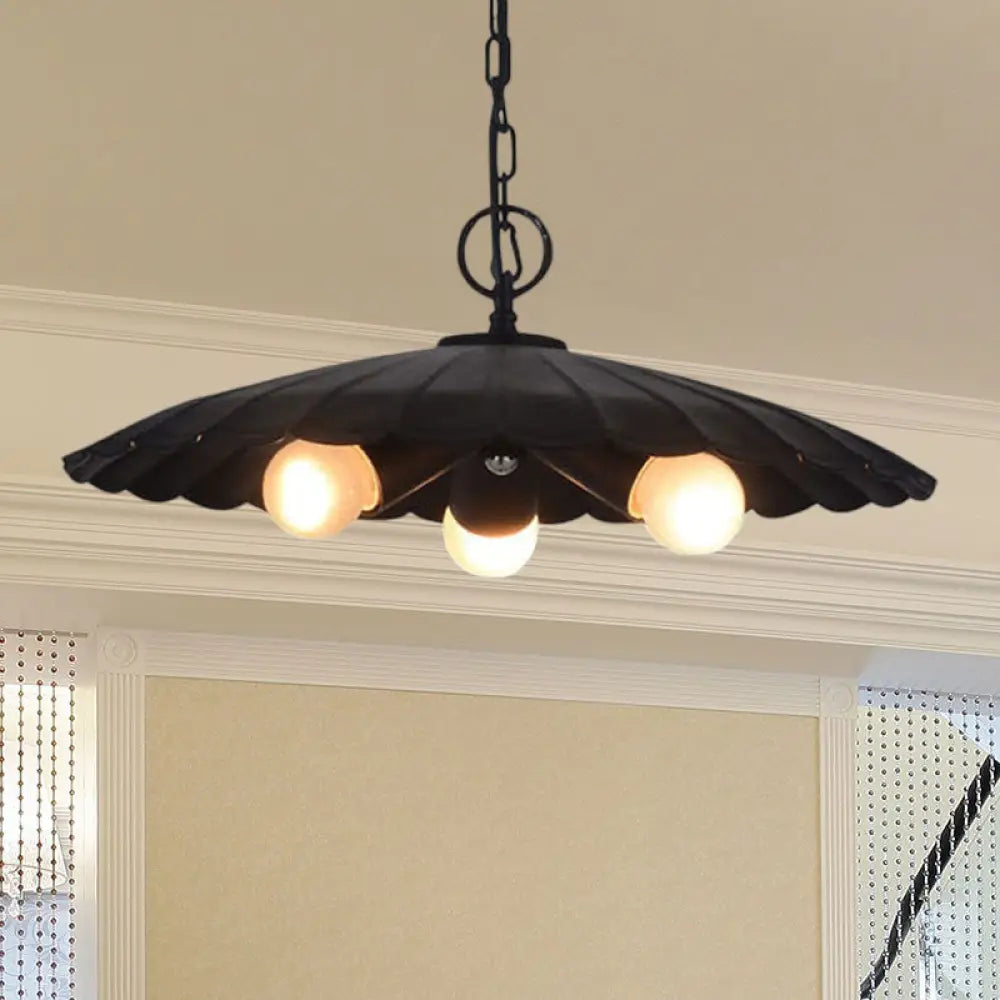 Rustic Industrial Scalloped Pendant Lighting - 3 Bulbs Black Iron Chandelier For Living Room