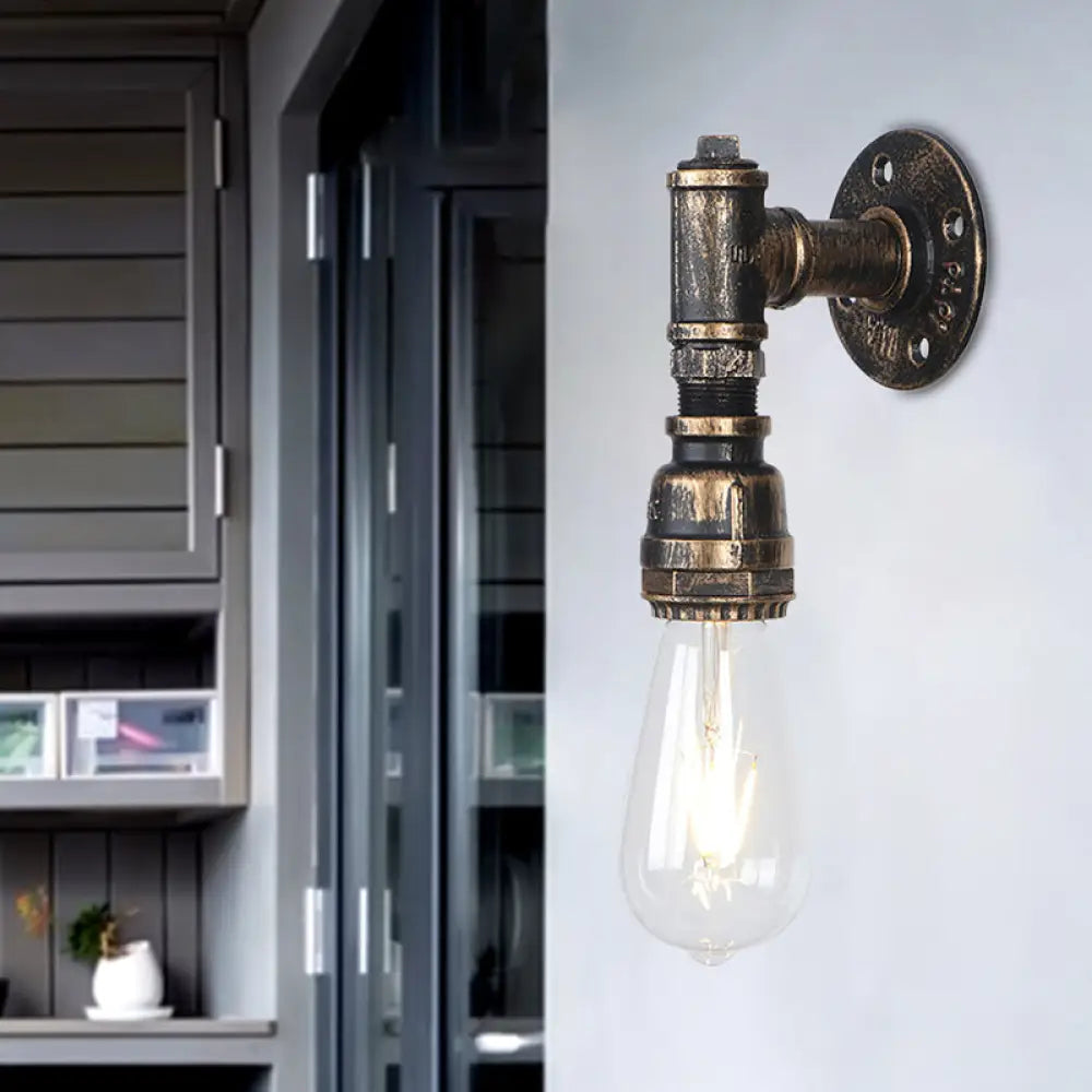 Rustic Industrial Wall Sconce: 1-Bulb Water Pipe Metal Shade Lamp In Bronze