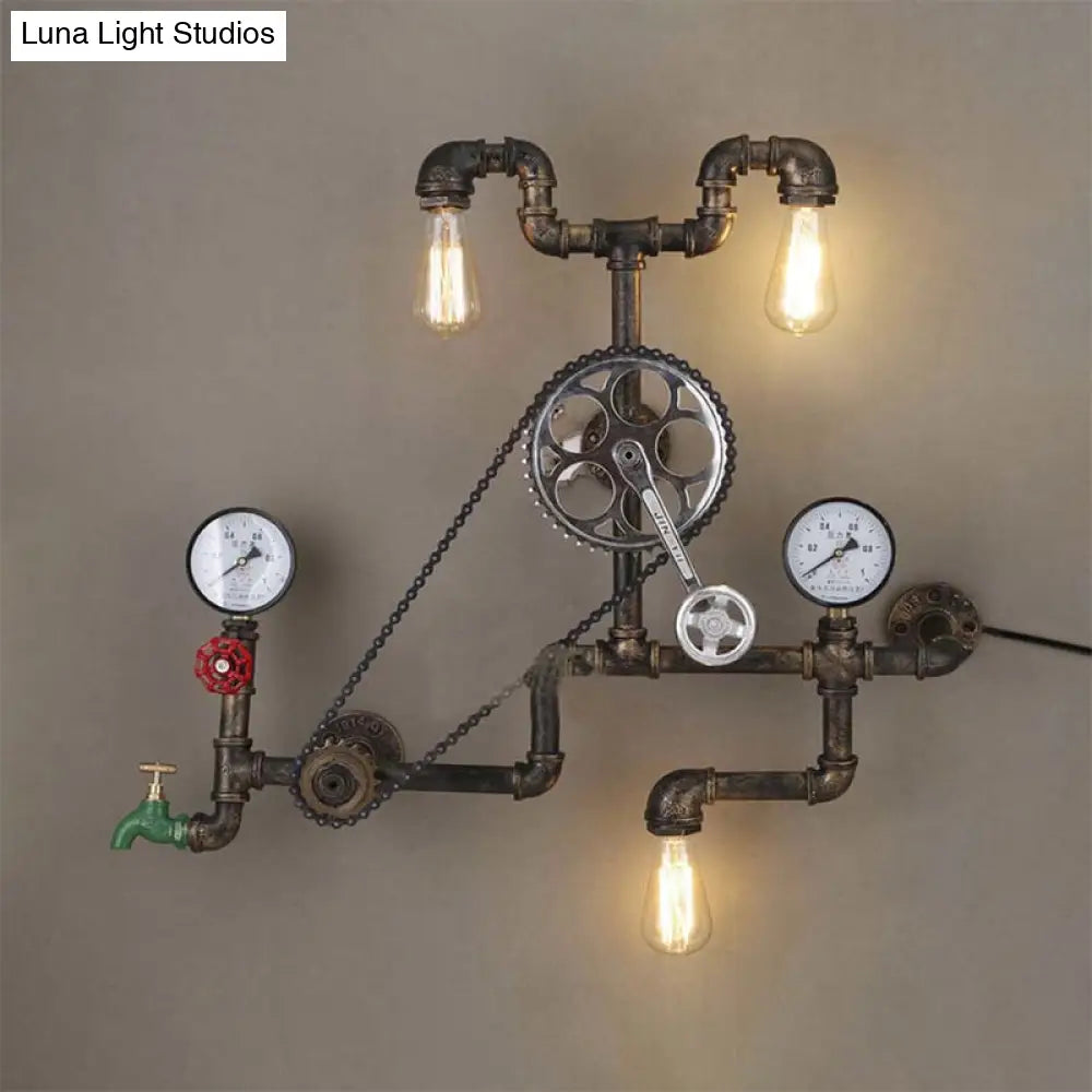 Rustic Iron 3-Light Bicycle Sconce With Black/Bronze Finish And Faucet Gauge For Dining Room Wall