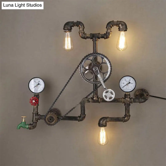 Rustic Iron 3-Light Bicycle Sconce With Black/Bronze Finish And Faucet Gauge For Dining Room Wall