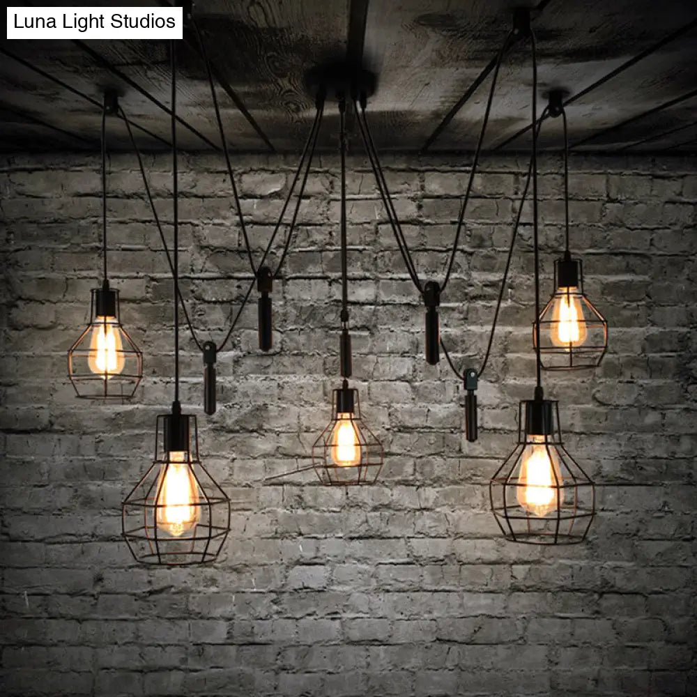 Rustic Iron 5-Light Black Pulley Swag Pendant - Restaurant Multi Ceiling Light