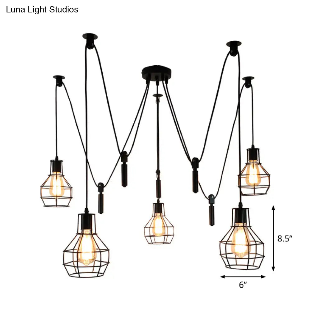 Rustic Iron 5-Light Black Pulley Swag Pendant - Ball-Shape Multi Ceiling Light For Restaurants