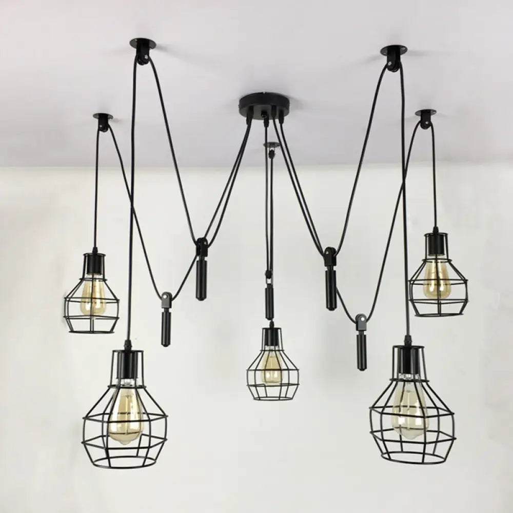 Rustic Iron 5-Light Black Pulley Swag Pendant - Ball-Shape Multi Ceiling Light For Restaurants