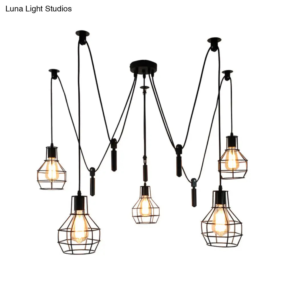 Rustic Iron 5-Light Black Pulley Swag Pendant - Ball-Shape Multi Ceiling Light For Restaurants