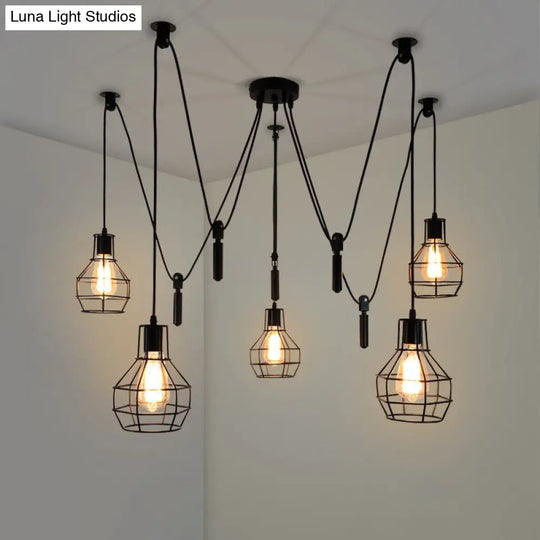 Rustic Iron 5-Light Black Pulley Swag Pendant - Ball-Shape Multi Ceiling Light For Restaurants