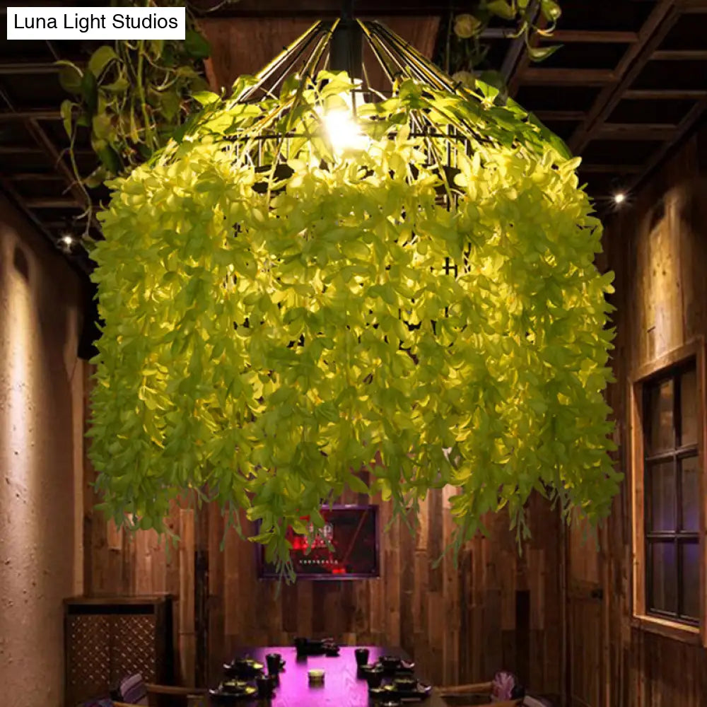 Rustic Birdcage Hanging Light With Artificial Flower - Restaurant Pendant Fixture 1 Bulb Green