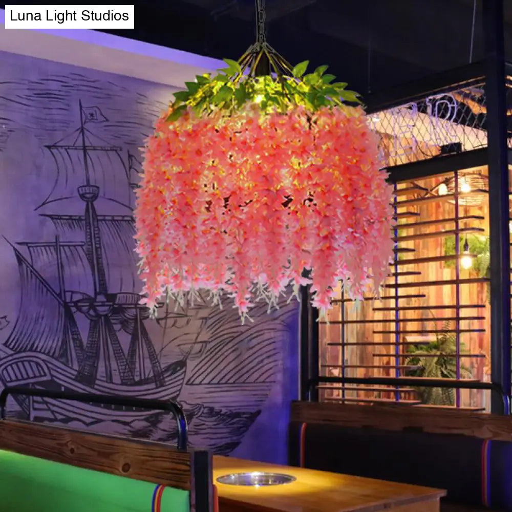 Rustic Birdcage Hanging Light With Artificial Flower - Restaurant Pendant Fixture 1 Bulb Pink