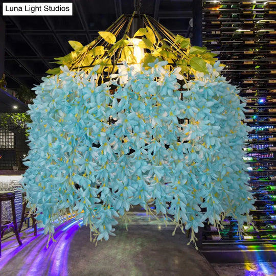 Rustic Birdcage Hanging Light With Artificial Flower - Restaurant Pendant Fixture 1 Bulb Blue