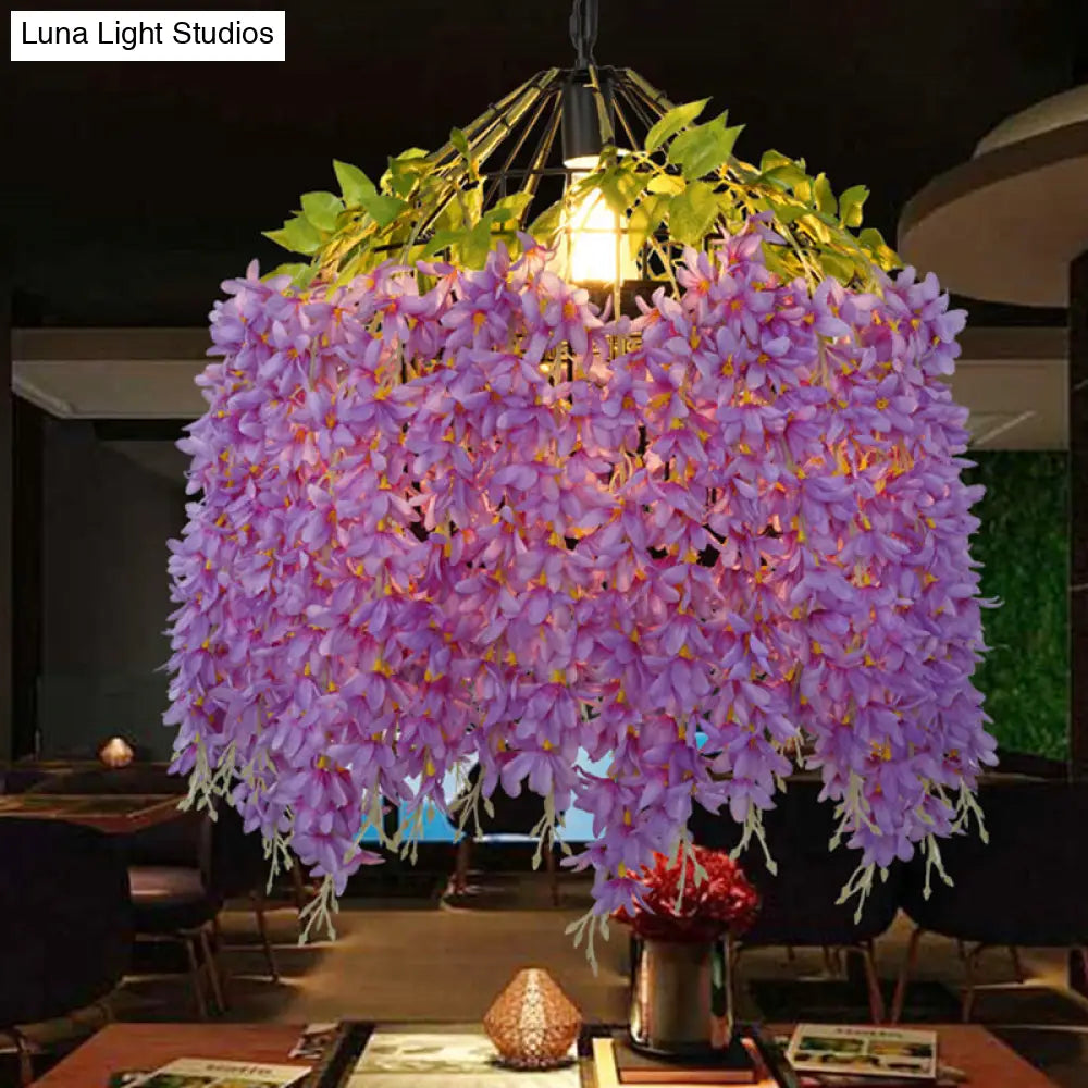 Rustic Birdcage Hanging Light With Artificial Flower - Restaurant Pendant Fixture 1 Bulb Purple