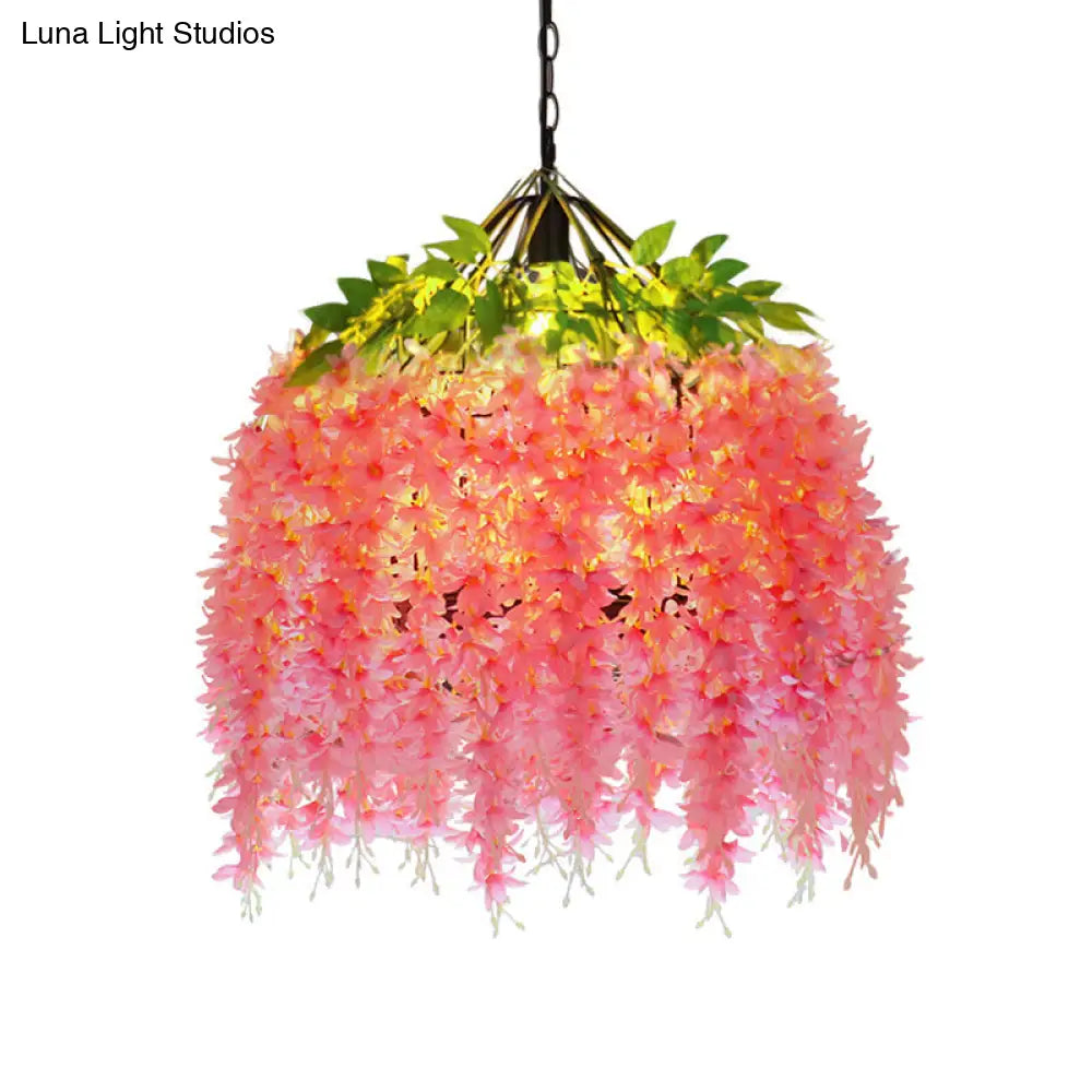 Rustic Birdcage Hanging Light With Artificial Flower - Restaurant Pendant Fixture 1 Bulb