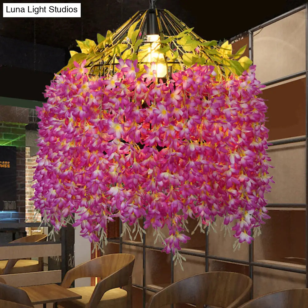 Rustic Birdcage Hanging Light With Artificial Flower - Restaurant Pendant Fixture 1 Bulb Purple-Red