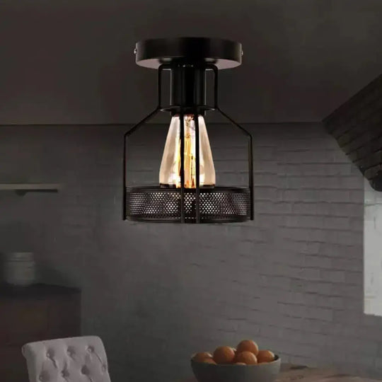 Rustic Iron Bistro Semi Flush Mount Lamp - Black Ceiling Light With Mesh Detail