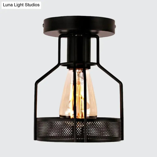 Rustic Iron Bistro Semi Flush Mount Lamp - Black Ceiling Light With Mesh Detail