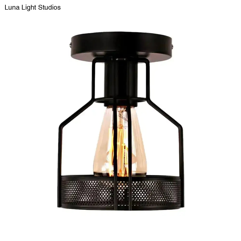 Rustic Iron Bistro Semi Flush Mount Lamp - Black Ceiling Light With Mesh Detail