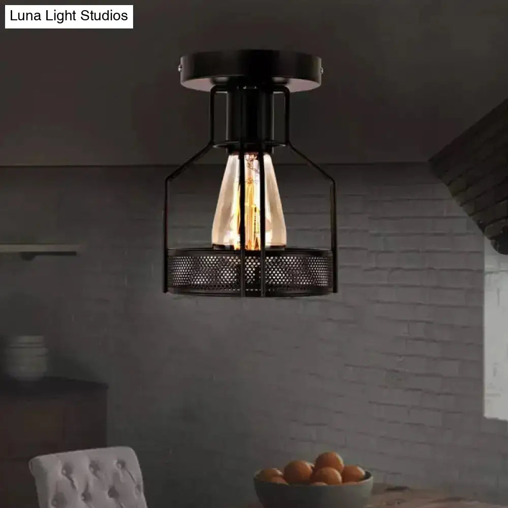 Rustic Iron Bistro Semi Flush Mount Lamp - Black Ceiling Light With Mesh Detail