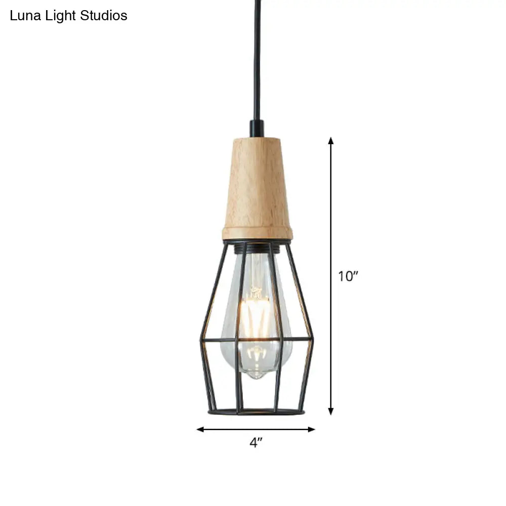 Rustic Iron Pendant Light - Black Cage/Barn/Pot Shaped 1 Bulb Restaurant Hanging Ceiling With Wood