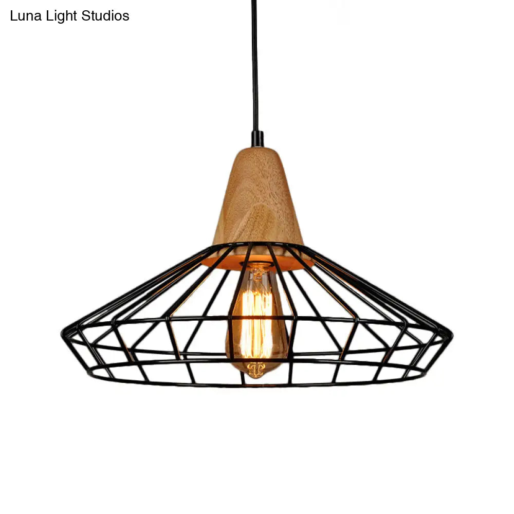 Rustic Iron Pendant Light - Black Cage/Barn/Pot Shaped 1 Bulb Restaurant Hanging Ceiling With Wood