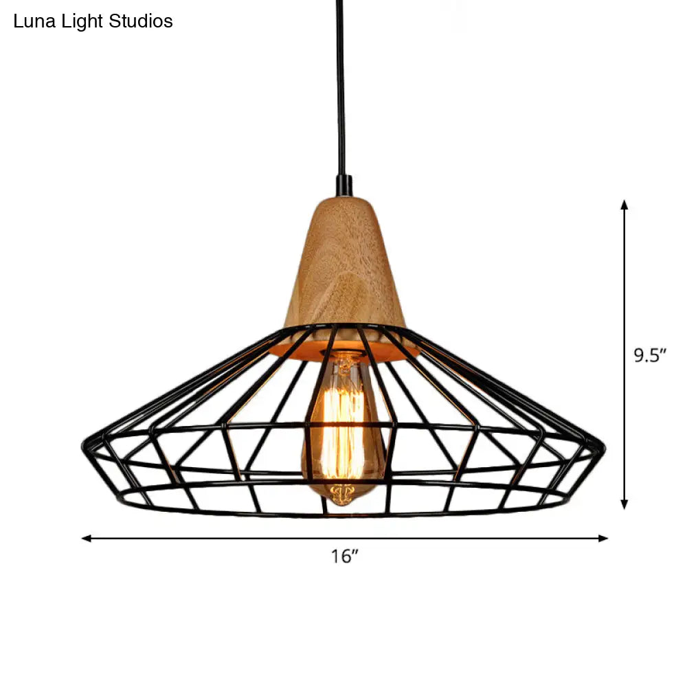 Rustic Iron Pendant Light - Black Cage/Barn/Pot Shaped 1 Bulb Restaurant Hanging Ceiling With Wood