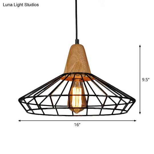 Rustic Iron Pendant Light - Black Cage/Barn/Pot Shaped 1 Bulb Restaurant Hanging Ceiling With Wood