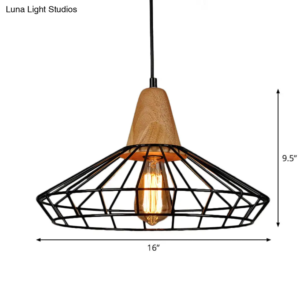 Rustic Iron Cage/Barn/Pot Shaped Pendant Light With Wood Socket - Black 1-Bulb Perfect For