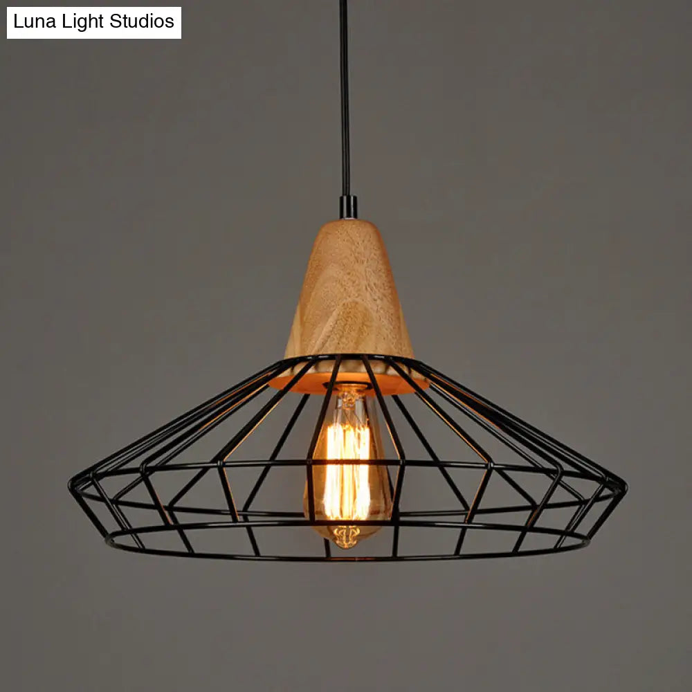 Rustic Iron Pendant Light - Black Cage/Barn/Pot Shaped 1 Bulb Restaurant Hanging Ceiling With Wood