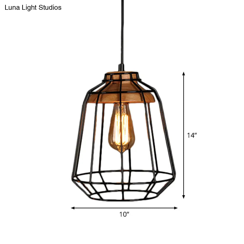 Rustic Iron Cage/Barn/Pot Shaped Pendant Light With Wood Socket - Black 1-Bulb Perfect For