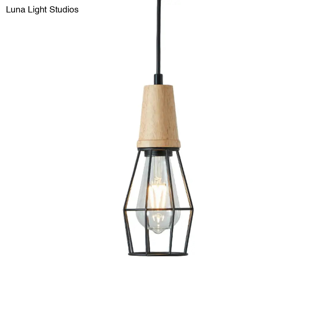 Rustic Iron Pendant Light - Black Cage/Barn/Pot Shaped 1 Bulb Restaurant Hanging Ceiling With Wood